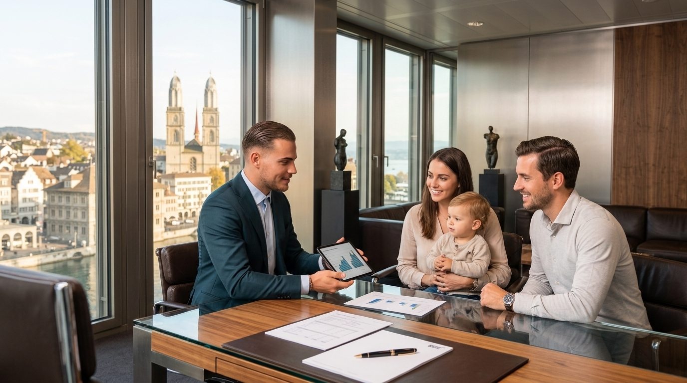 Berater im Gespräch mit einer jungen Familie